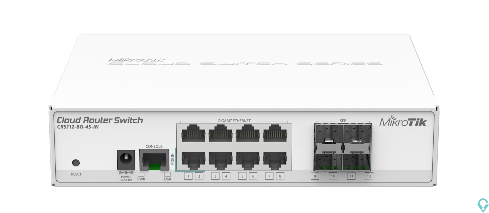 Εικόνα της CRS112-8G-4S-IN Cloud Router Switch 112-8G-4S-IN with QCA8511 400Mhz CPU, 128MB RAM, 8xGigabit LAN, 4xSFP, RouterOS L5, desktop 