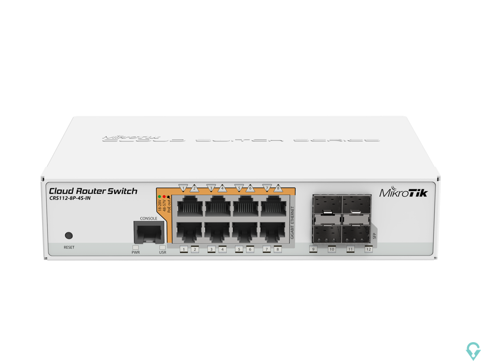 Εικόνα της CRS112-8P-4S-IN Cloud Router Switch 112-8P-4S-IN with QCA8511 400Mhz CPU, 128MB RAM, 8xGigabit LAN with PoE-out, 4xSFP, RouterOS
