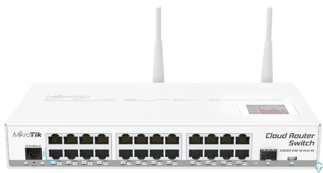 Picture of CRS125-24G-1S-2HnD-IN Cloud Router Switch 125-24G-1S-IN with Atheros AR9344 CPU, 128MB RAM, 24xGigabit LAN, 1xSFP, RouterOS L5, 