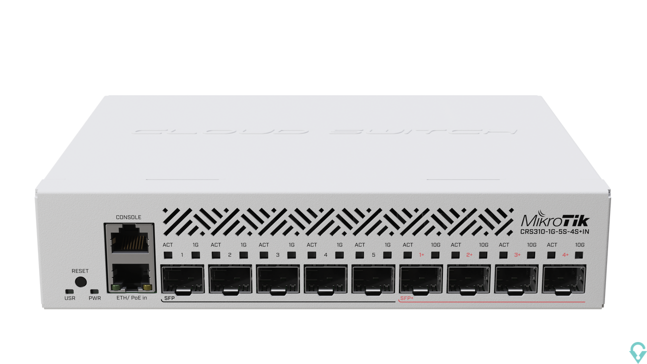 Picture of CRS310-1G-5S-4S+IN Cloud Router Switch CRS310-1G-5S-4S+IN with 800 MHz CPU, 256 MB RAM, 4xSFP+, 5xSFP cages, 1xGBit LAN port, Ro