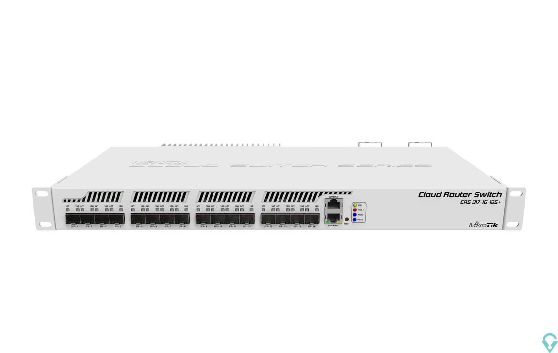 Picture of CRS317-1G-16S+RM Cloud Router Switch 317-1G-16S+RM with 800MHz CPU, 1GB RAM, 1xGigabit LAN, 16xSFP+ cages, RouterOS L6 or Switch