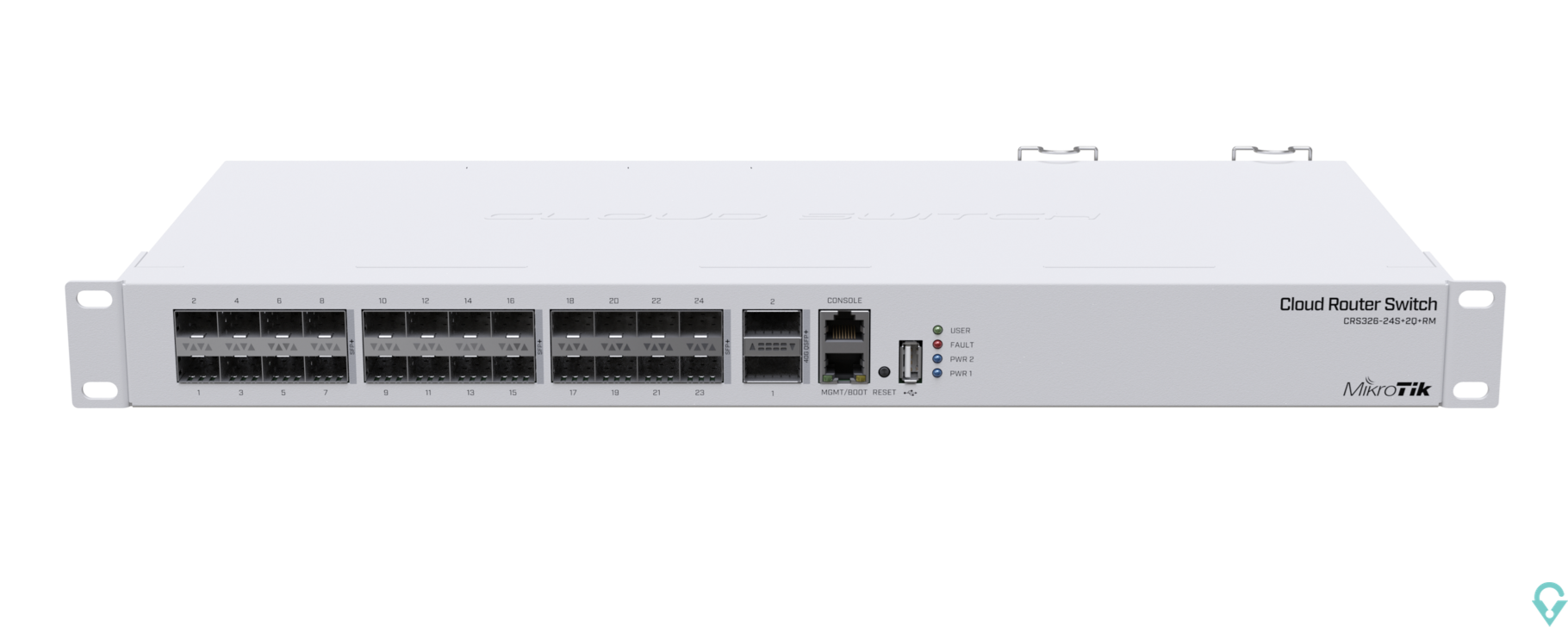 Picture of CRS326-24S+2Q+RM Cloud Router Switch 326-24S+2Q+RM with 2 x 40G QSFP+ cages, 24 10G SFP+ cages, 1x LAN port for management, Rout