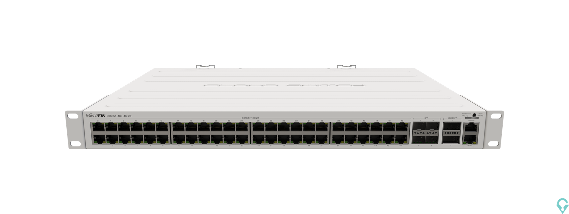 Picture of CRS354-48G-4S+2Q+RM Cloud Router Switch 354-48G-4S+2Q+RM with 48 x Gigabit RJ45 LAN, 4 x 10G SFP+ cages, 2 x 40G QSFP+ cages, Ro