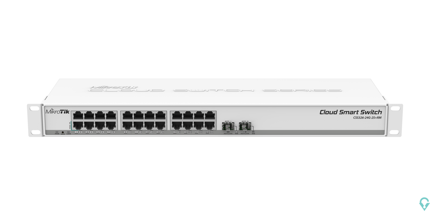 Picture of CSS326-24G-2S+RM Cloud Smart Switch 326-24G-2S+RM with 24 x Gigabit Ethernet ports, 2x SFP+ cages, SwOS, 1U rackmount case, PSU 