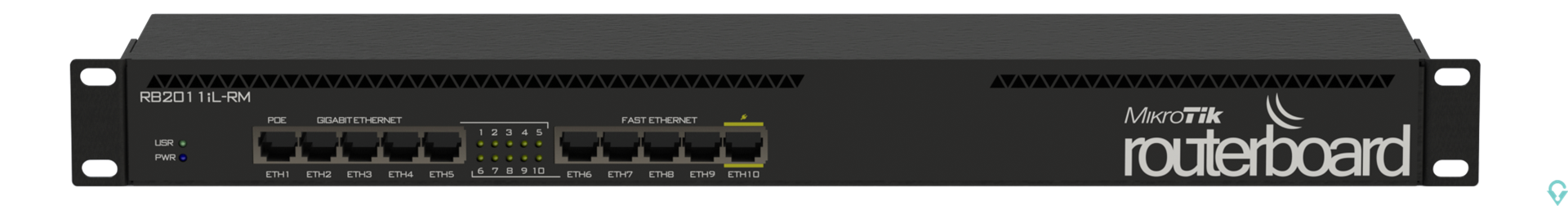 Εικόνα της RB2011iL-RM RouterBOARD 2011iL-RM with Atheros 74K MIPS CPU, 64MB RAM, 5xLAN, 5xGbit LAN, RouterOS L4, 1U rackmount case, PSU Mi