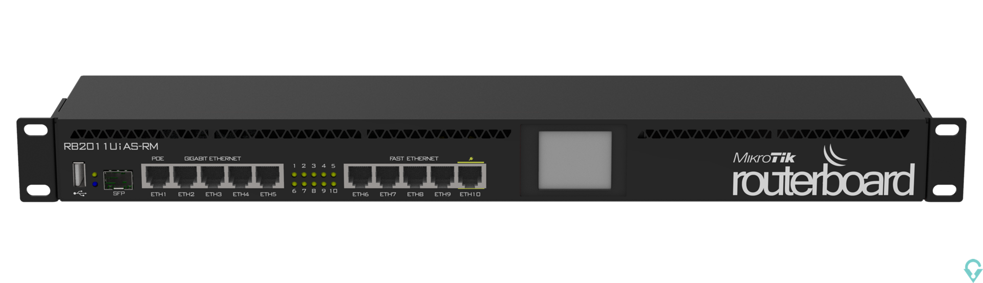 Picture of RB2011UiAS-RM RouterBOARD 2011UiAS with Atheros 74K MIPS CPU, 128MB RAM, 1xSFP port, 5xLAN, 5xGbit LAN, RouterOS L5, 1U rackmoun